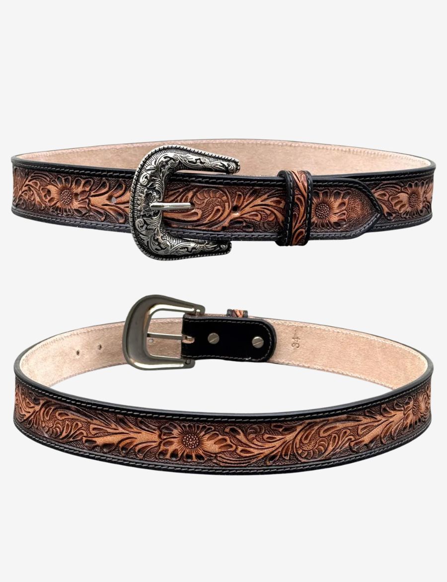 Full length display of brown floral tooled western belt featuring engraved buckle and detailed leatherwork.