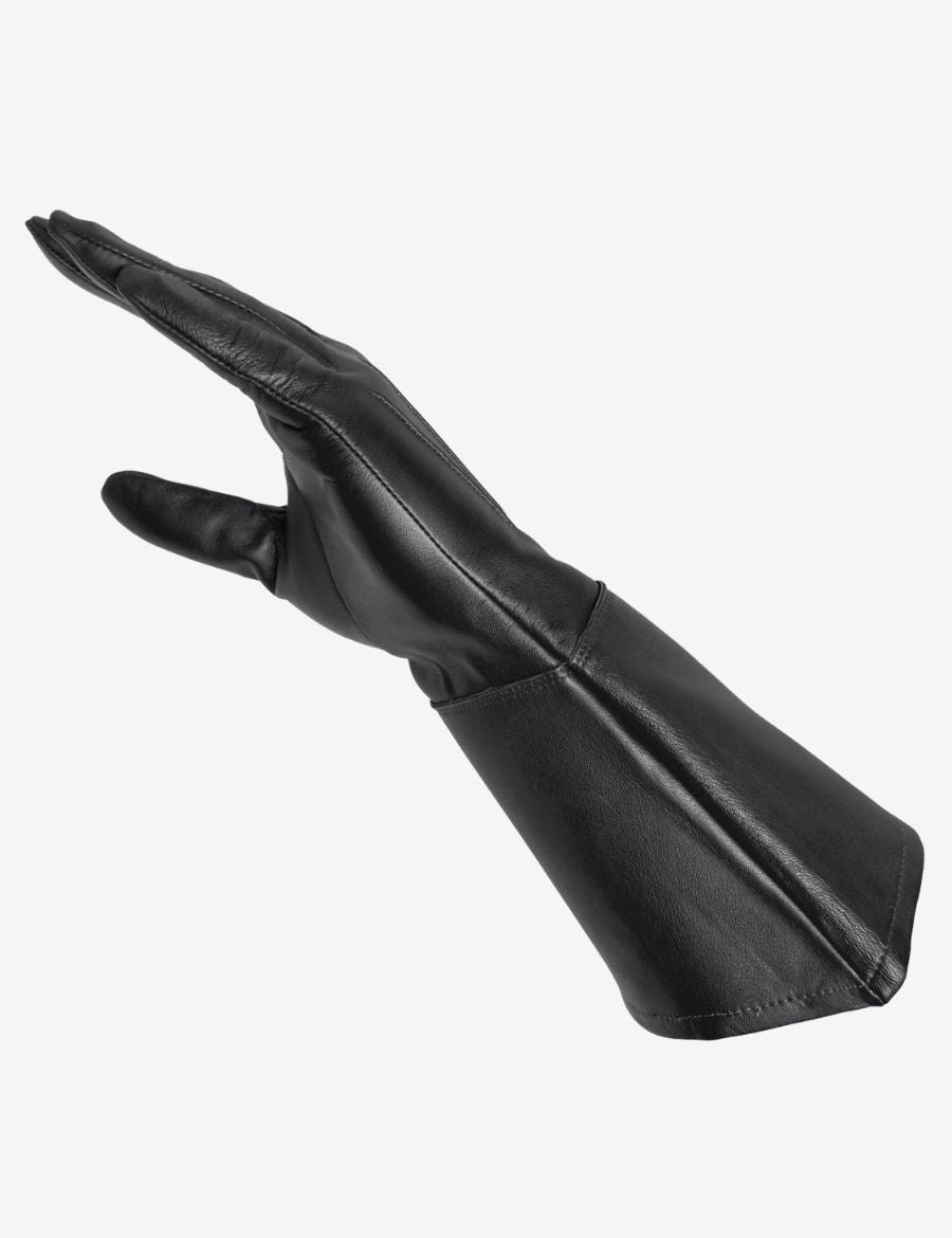 Side view of leather long cuff black gauntlet gloves featuring flared protective cuffs and durable full-grain leather construction.