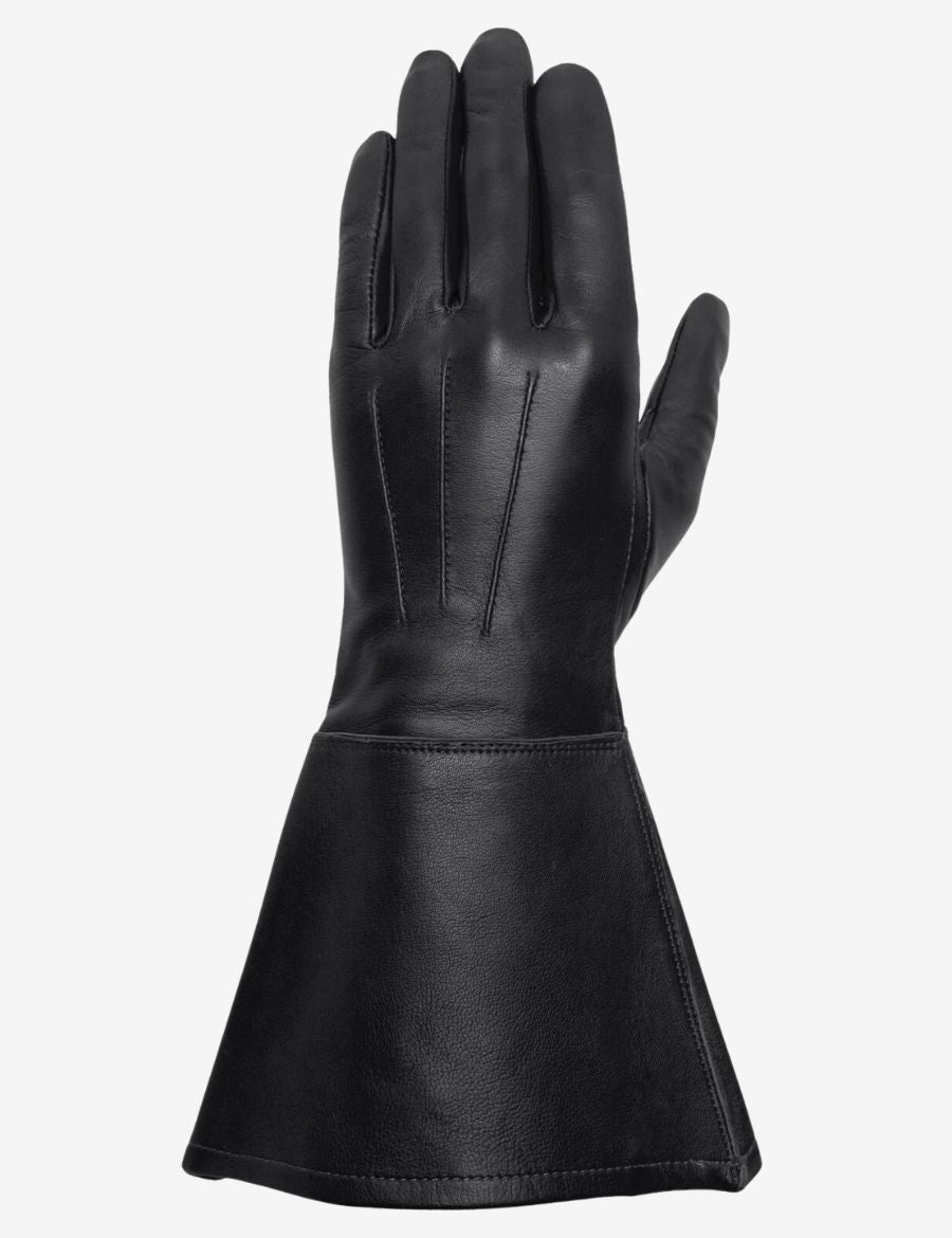 Leather long cuff black gauntlet glove with extended wrist protection, smooth premium leather construction, and classic riding inspired design.