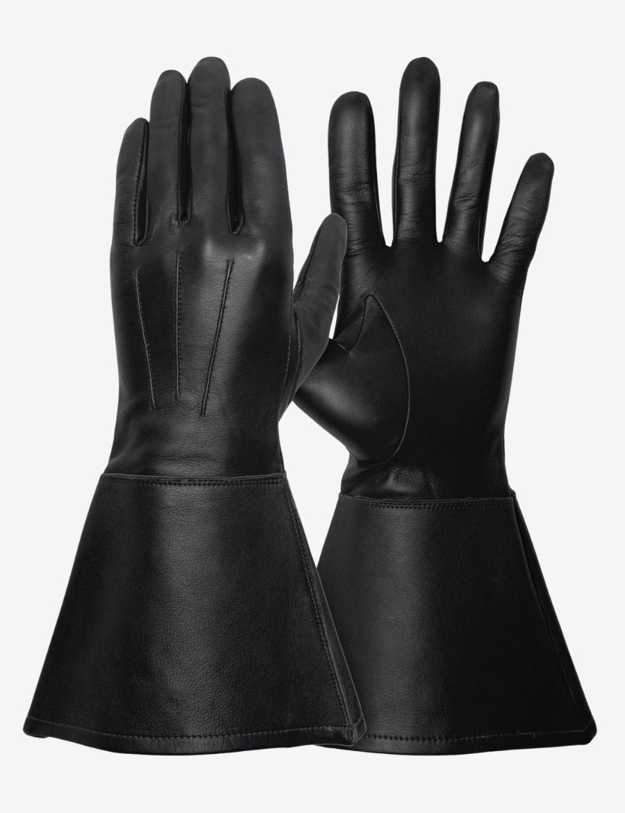 Leather long cuff black gauntlet gloves with extended protective cuffs, smooth leather finish, and classic riding glove design.
