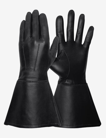 Leather long cuff black gauntlet gloves with extended protective cuffs, smooth leather finish, and classic riding glove design.