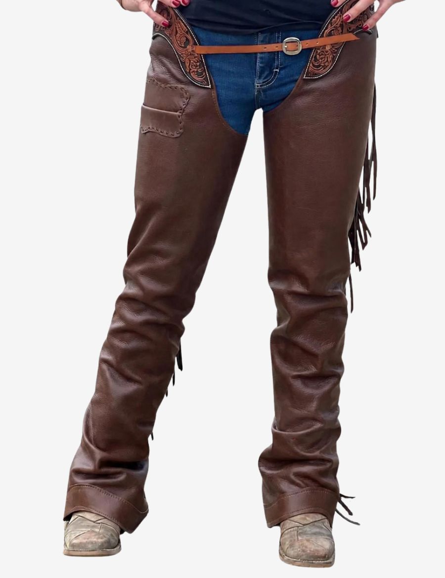 leather women western shotgun chaps featuring premium brown leather, floral yoke detailing, utility pocket, and classic cowgirl styling.