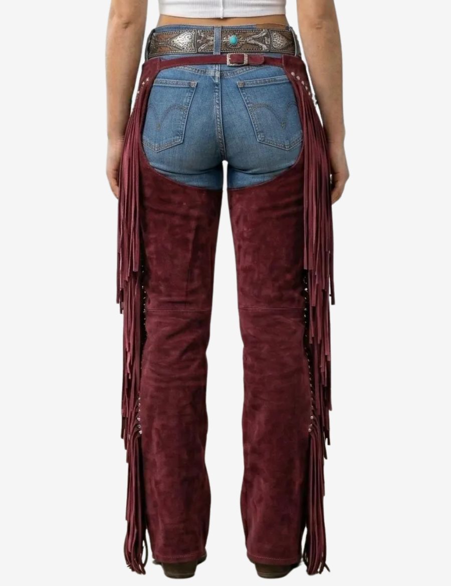 maroon embroidered fringe cowgirl chaps with decorative star appliques, fringe trim, and authentic western cowgirl appeal.