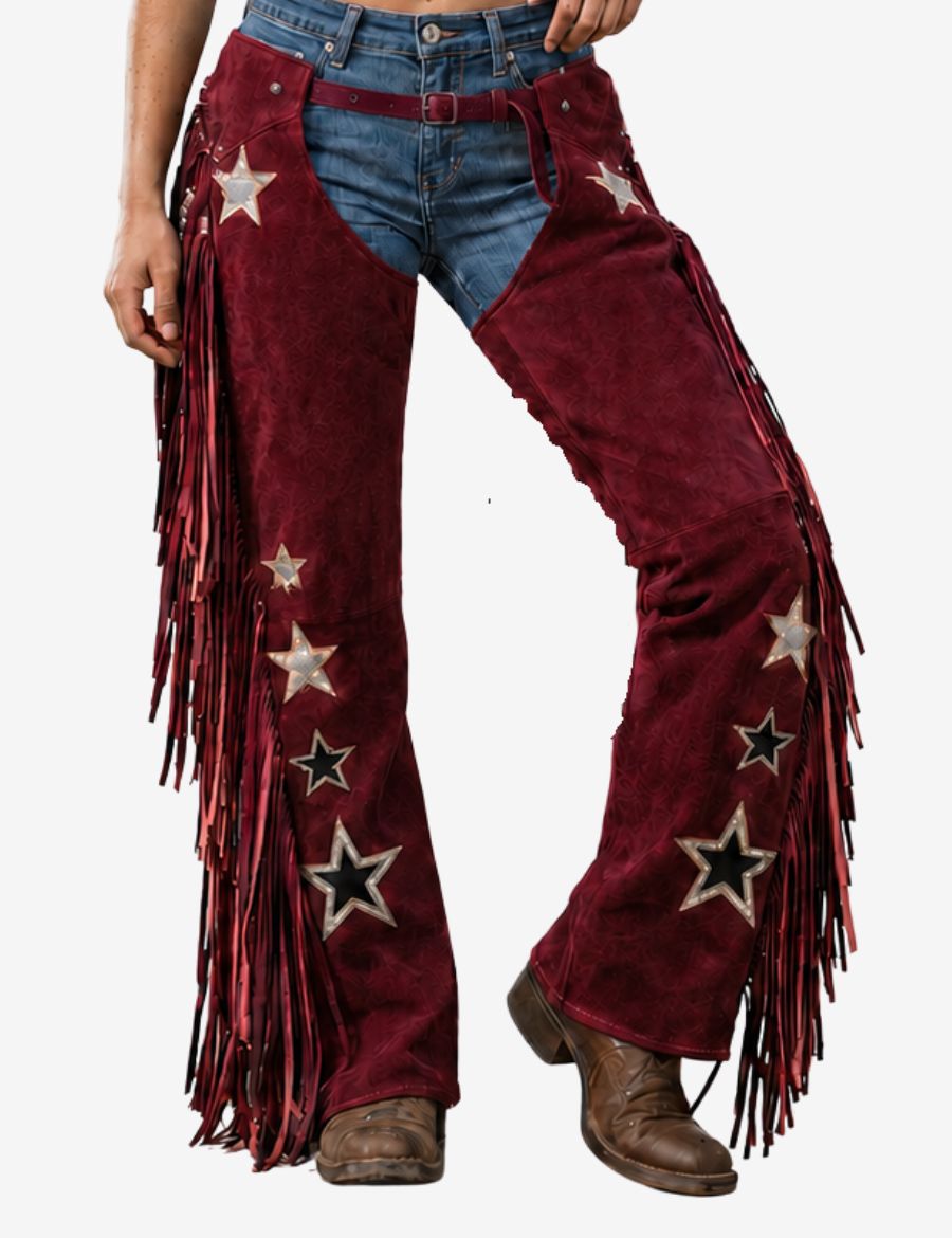 maroon embroidered fringe cowgirl chaps with decorative star appliques, fringe trim, and authentic western cowgirl appeal.