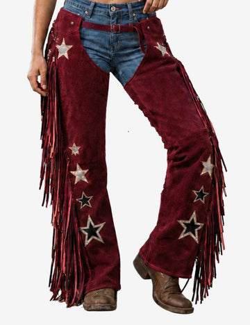 maroon embroidered fringe cowgirl chaps with decorative star appliques, fringe trim, and authentic western cowgirl appeal.