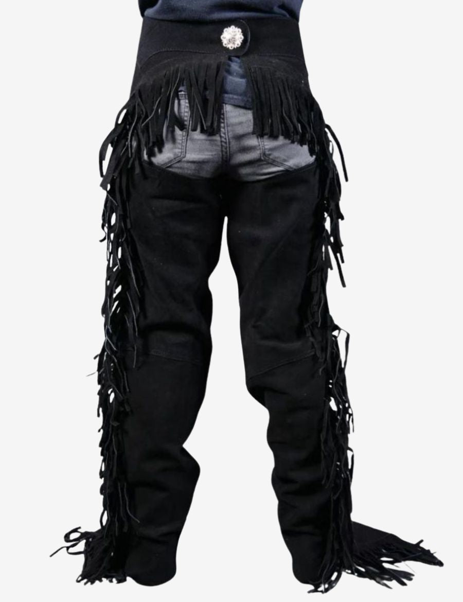 Back view of black suede cowboy chaps with layered fringe western styling.