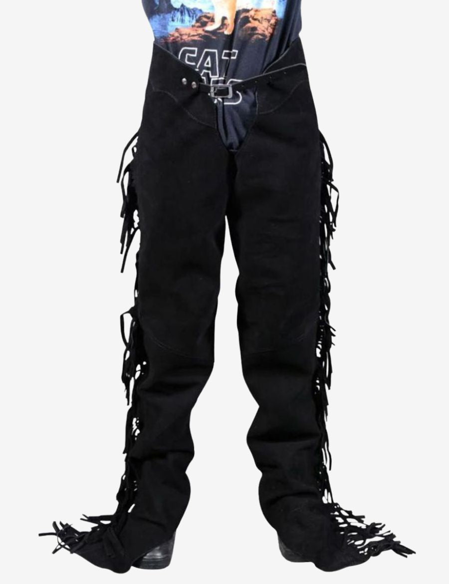 Front view of matte black suede chaps with long western fringe for riders.
