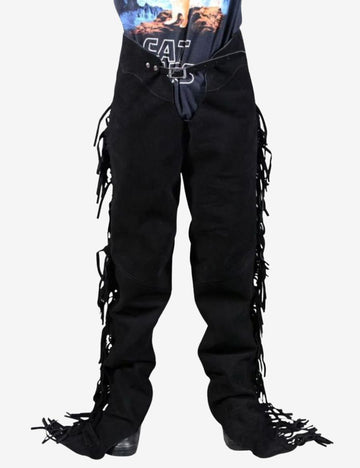 Front view of matte black suede chaps with long western fringe for riders.