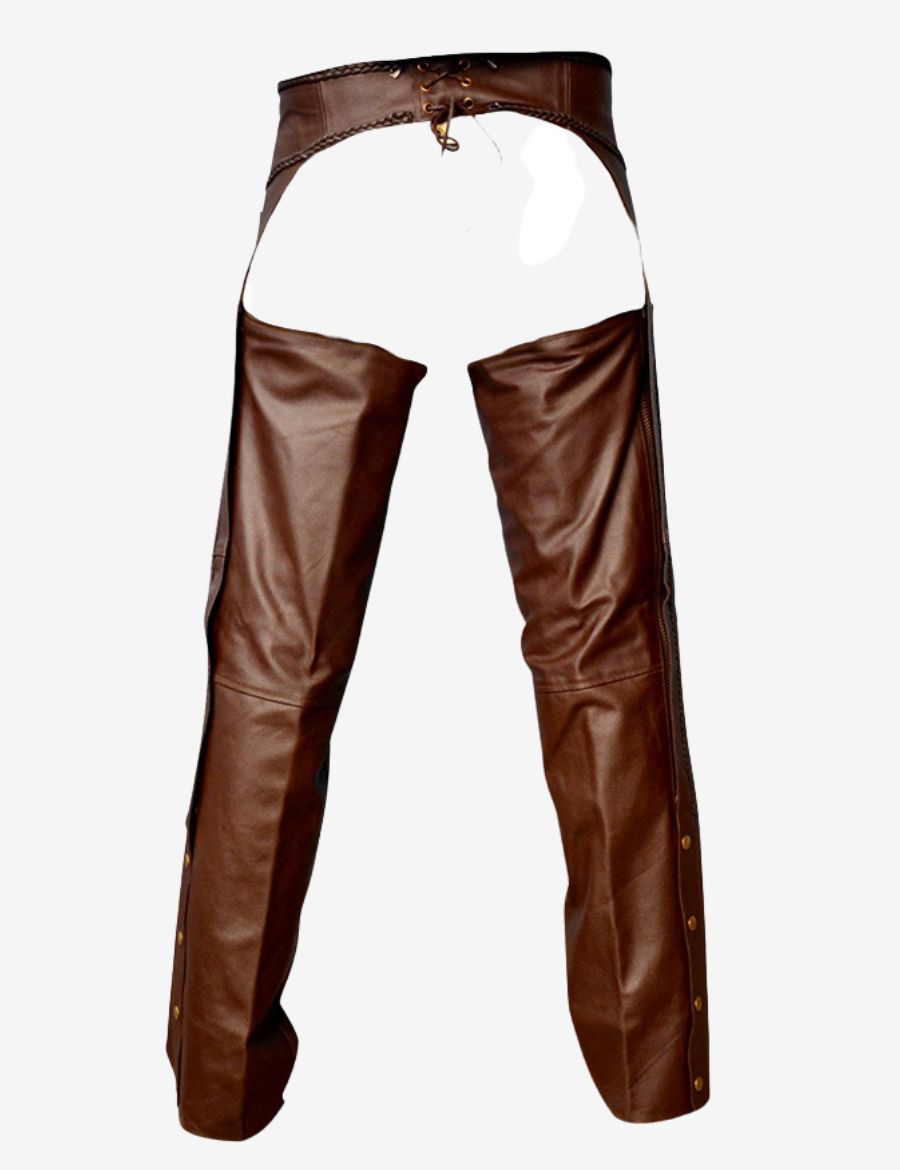 Back view of Maverick brown assless motorcycle chaps with open seat design and lace-up rear fit.
