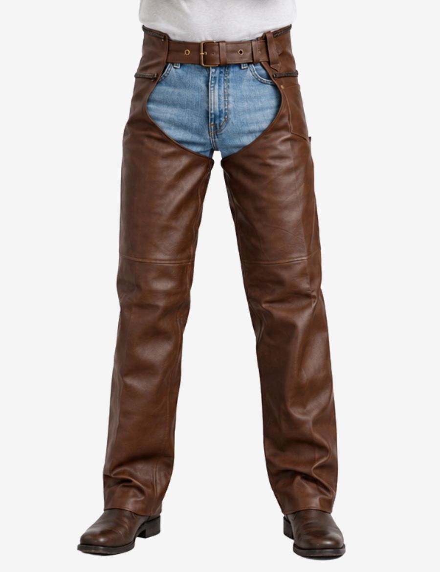 Front view of Maverick brown assless motorcycle chaps with smooth leather texture and buckle waist.