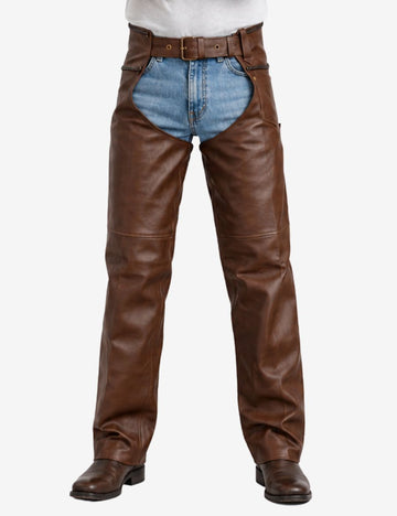 Front view of Maverick brown assless motorcycle chaps with smooth leather texture and buckle waist.