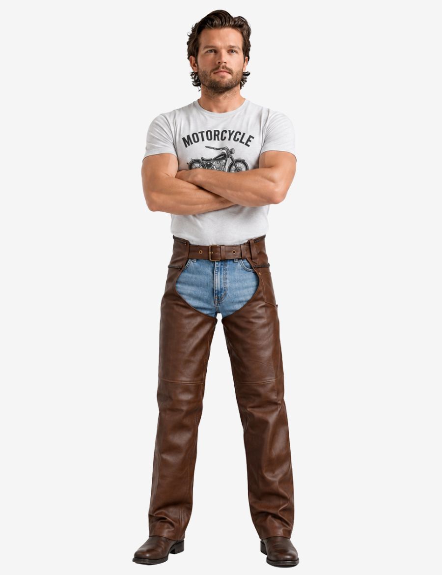 Front view of Maverick brown assless motorcycle chaps with smooth leather texture and buckle waist.