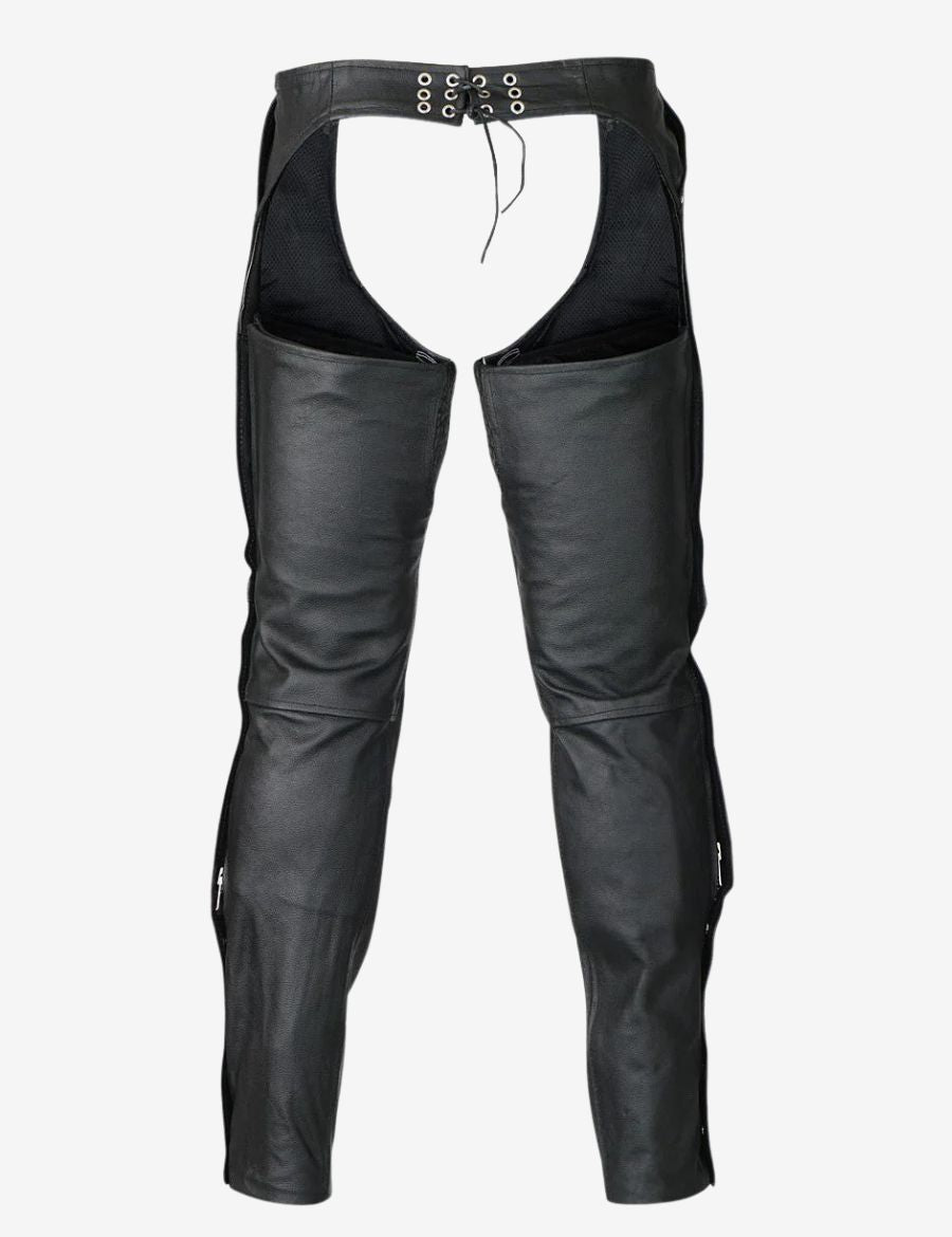 Back view of mens assless chaps with zipper pocket showing open-seat biker style and rear lace adjustment detail.