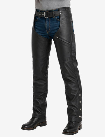 Close-up front view of mens assless chaps with zipper pocket in genuine black leather with adjustable belt design.