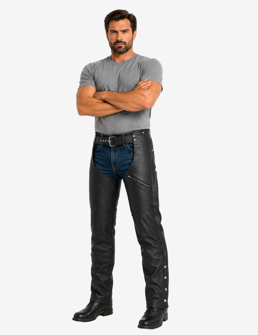 Close-up front view of mens assless chaps with zipper pocket in genuine black leather with adjustable belt design.