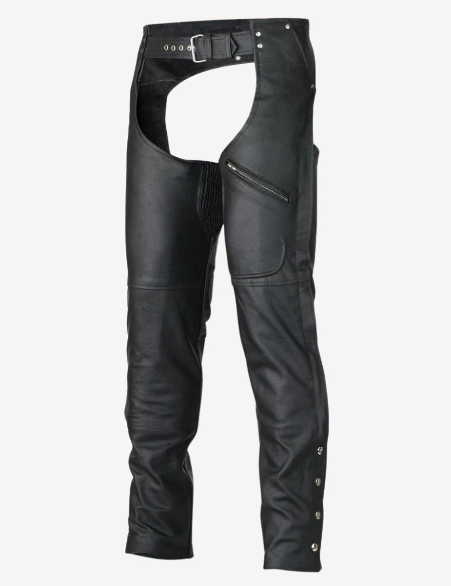 Angled product view of mens assless chaps with zipper pocket featuring black leather construction and utility storage pocket.
