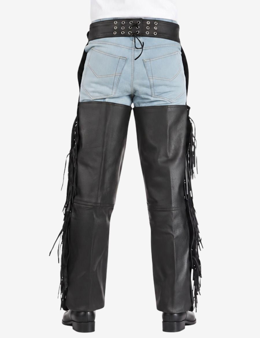 Front view of mens assless motorcycle chaps with fringe in genuine black leather and relaxed fit design.