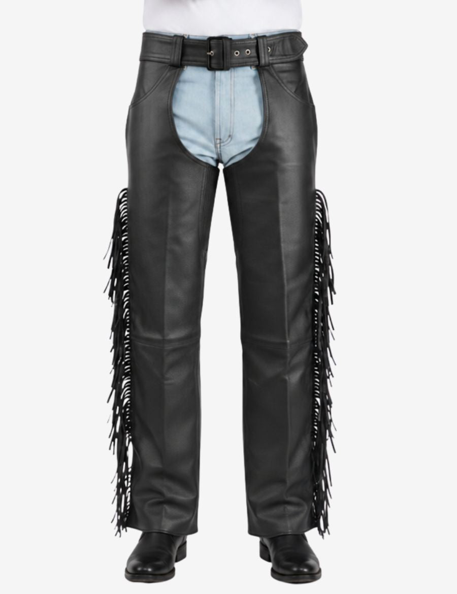 Front view of mens assless motorcycle chaps with fringe in genuine black leather and relaxed fit design.