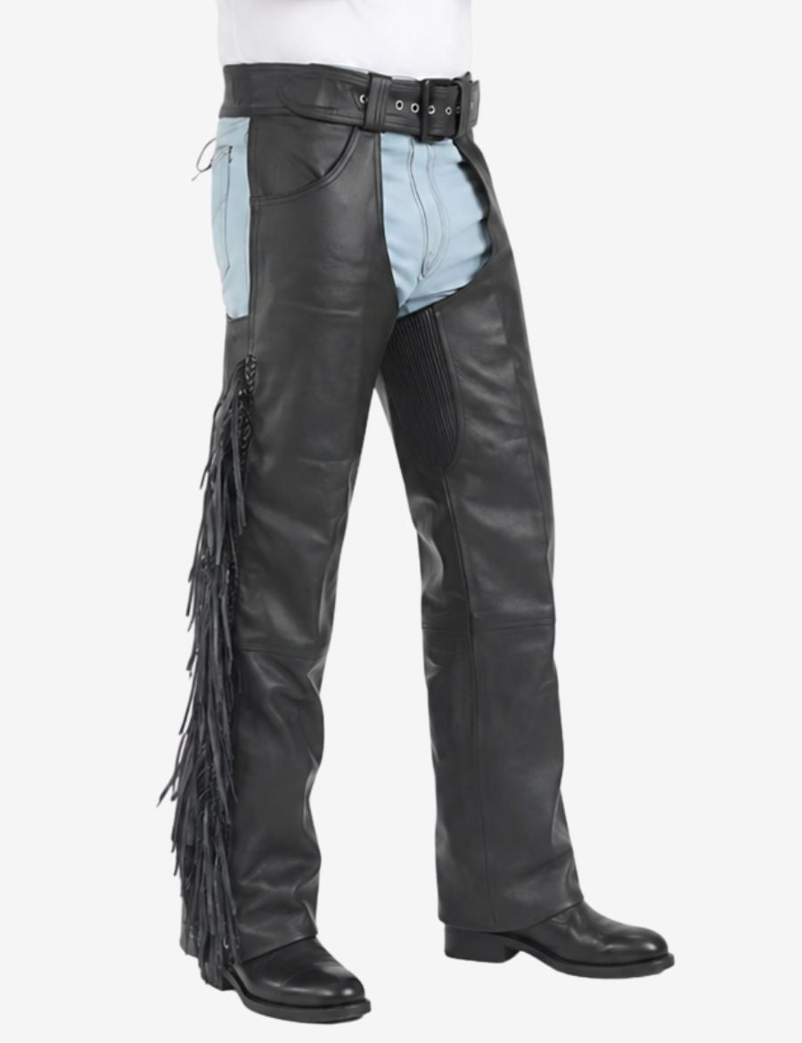Side view of mens genuine leather motorcycle chaps with fringe featuring relaxed fit and biker styling.