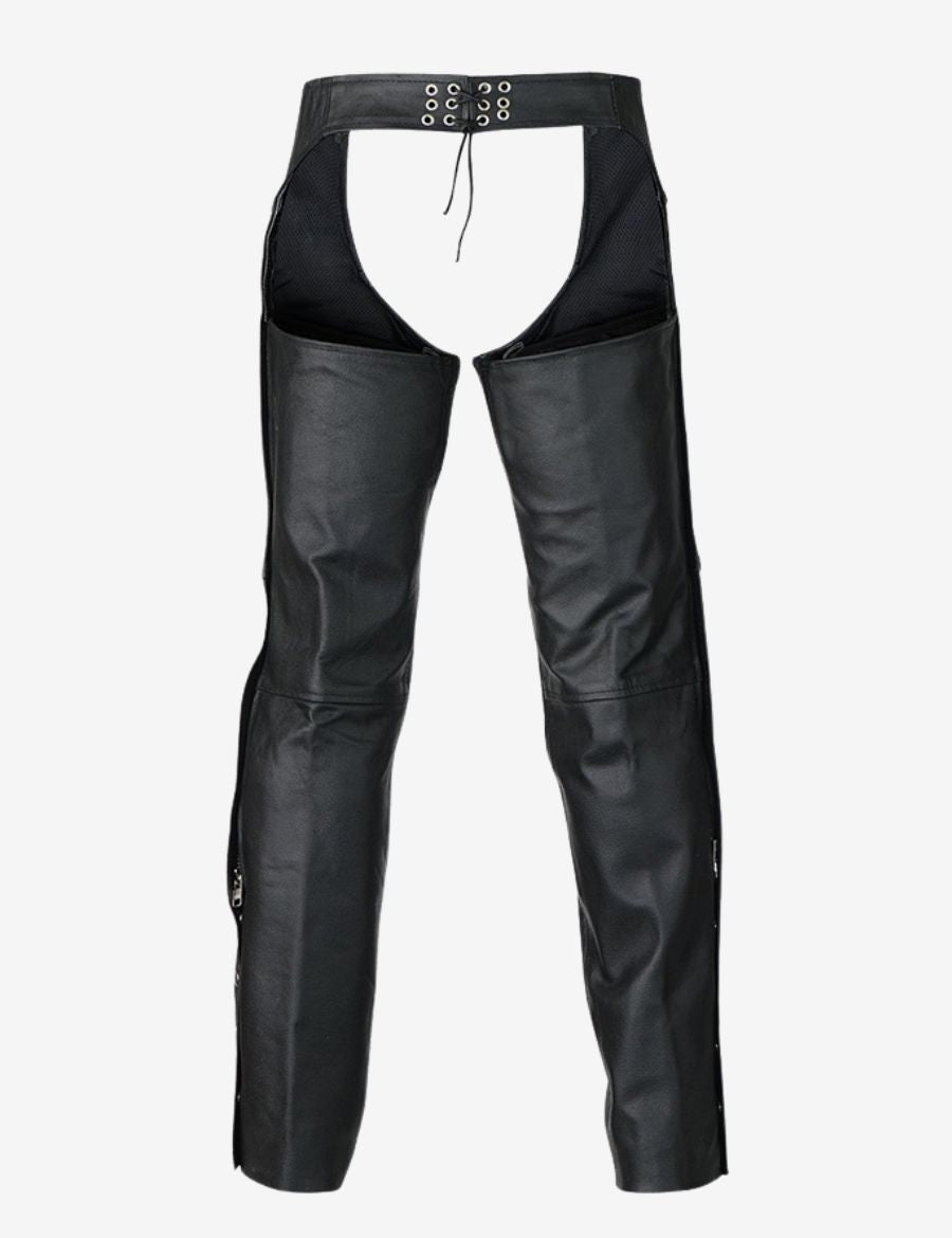 Front view of mens biker assless chaps with pocket in genuine leather featuring adjustable waist belt and classic biker fit.