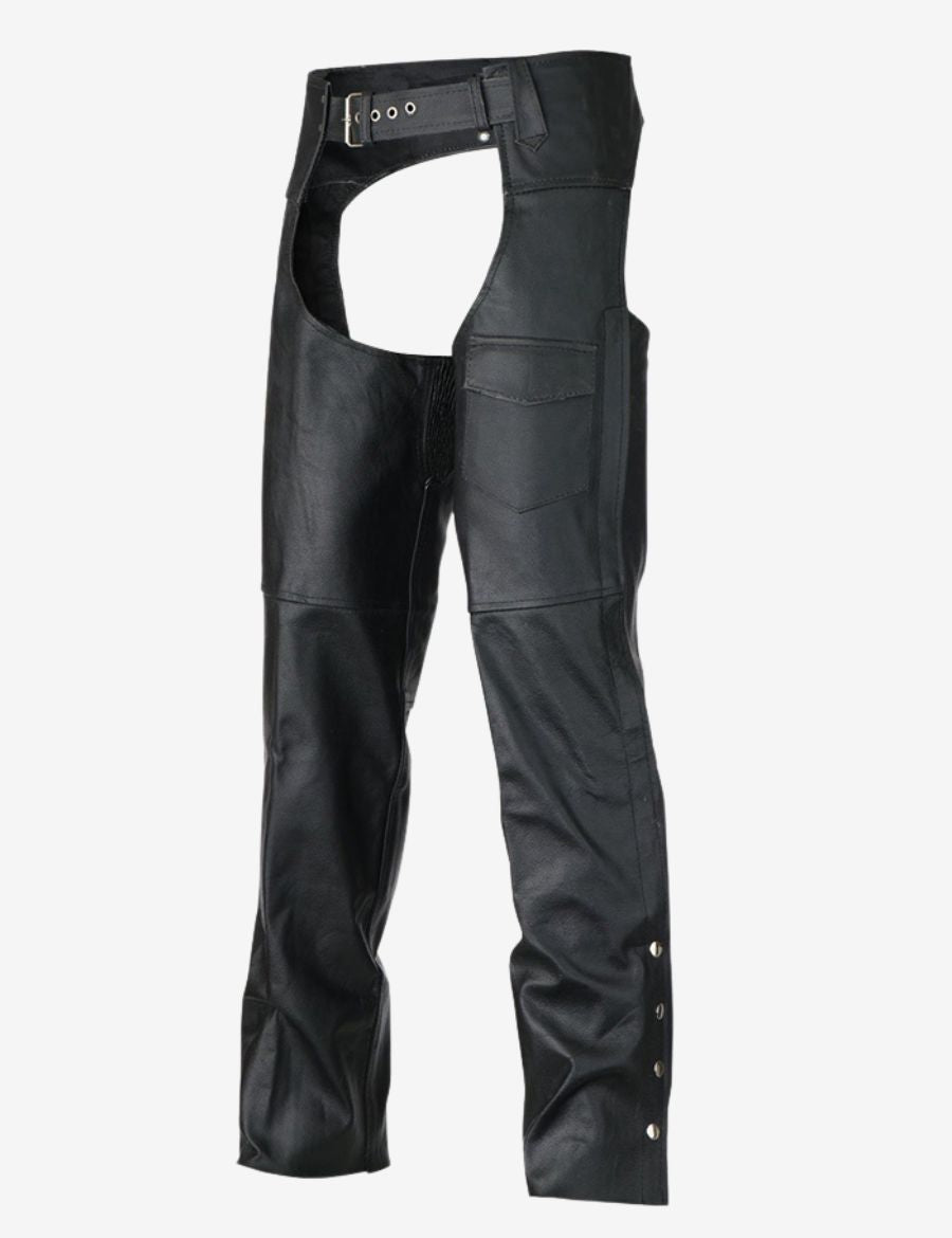 Front angled view of mens biker assless chaps with pocket in black leather with utility pocket and motorcycle riding style.