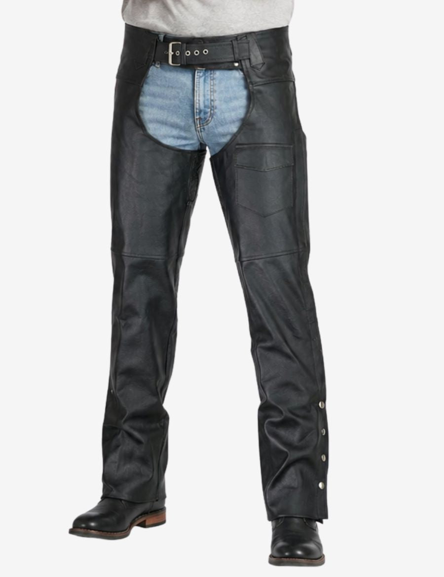Front view of mens biker assless chaps with pocket in genuine leather featuring adjustable waist belt and classic biker fit.
