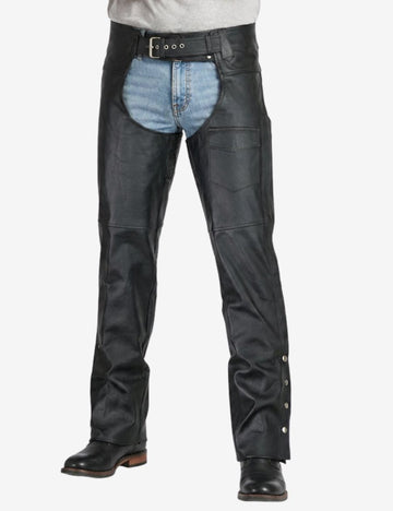 Front view of mens biker assless chaps with pocket in genuine leather featuring adjustable waist belt and classic biker fit.