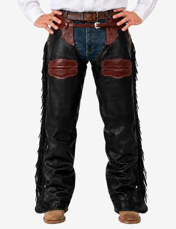 Front view of men’s black fringe leather cowboy chaps with brown yoke and classic western styling.