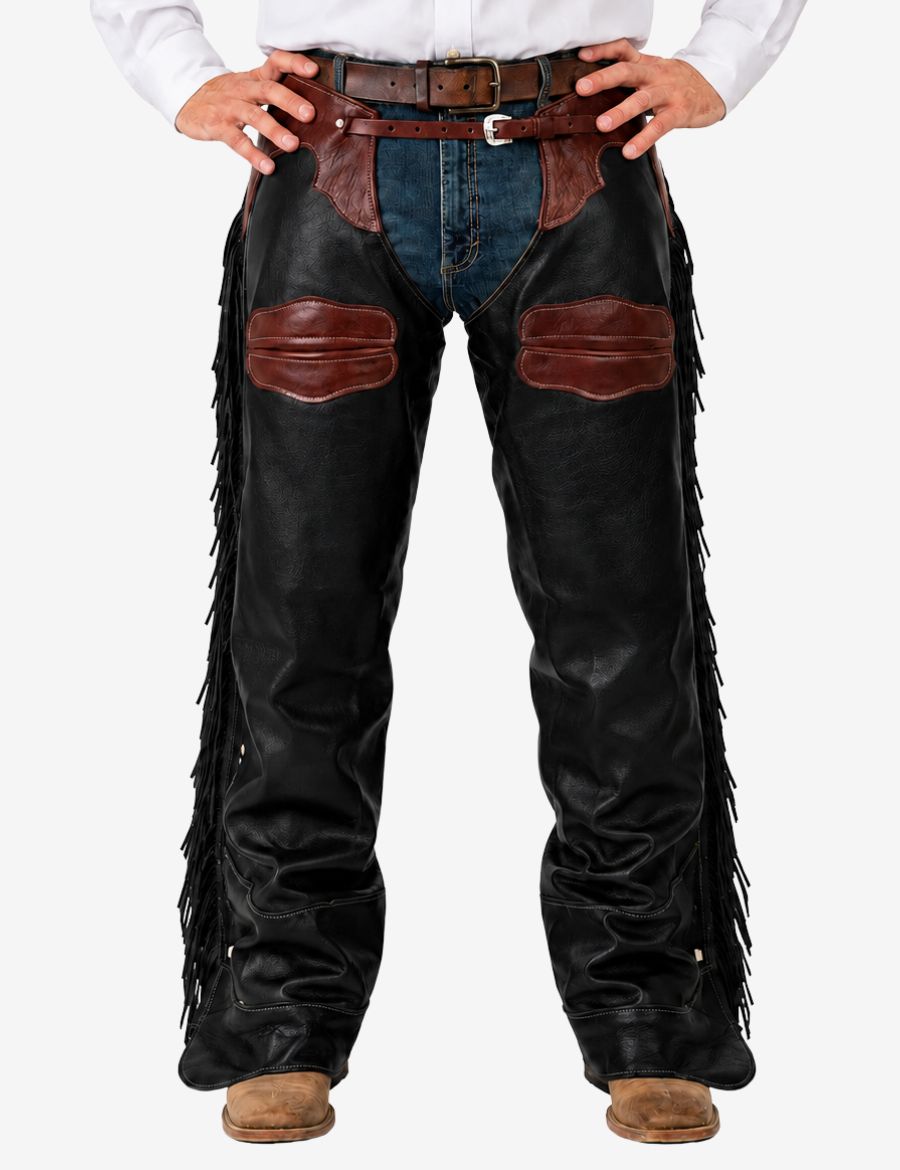 Front view of men’s black fringe leather cowboy chaps with brown yoke and classic western styling.