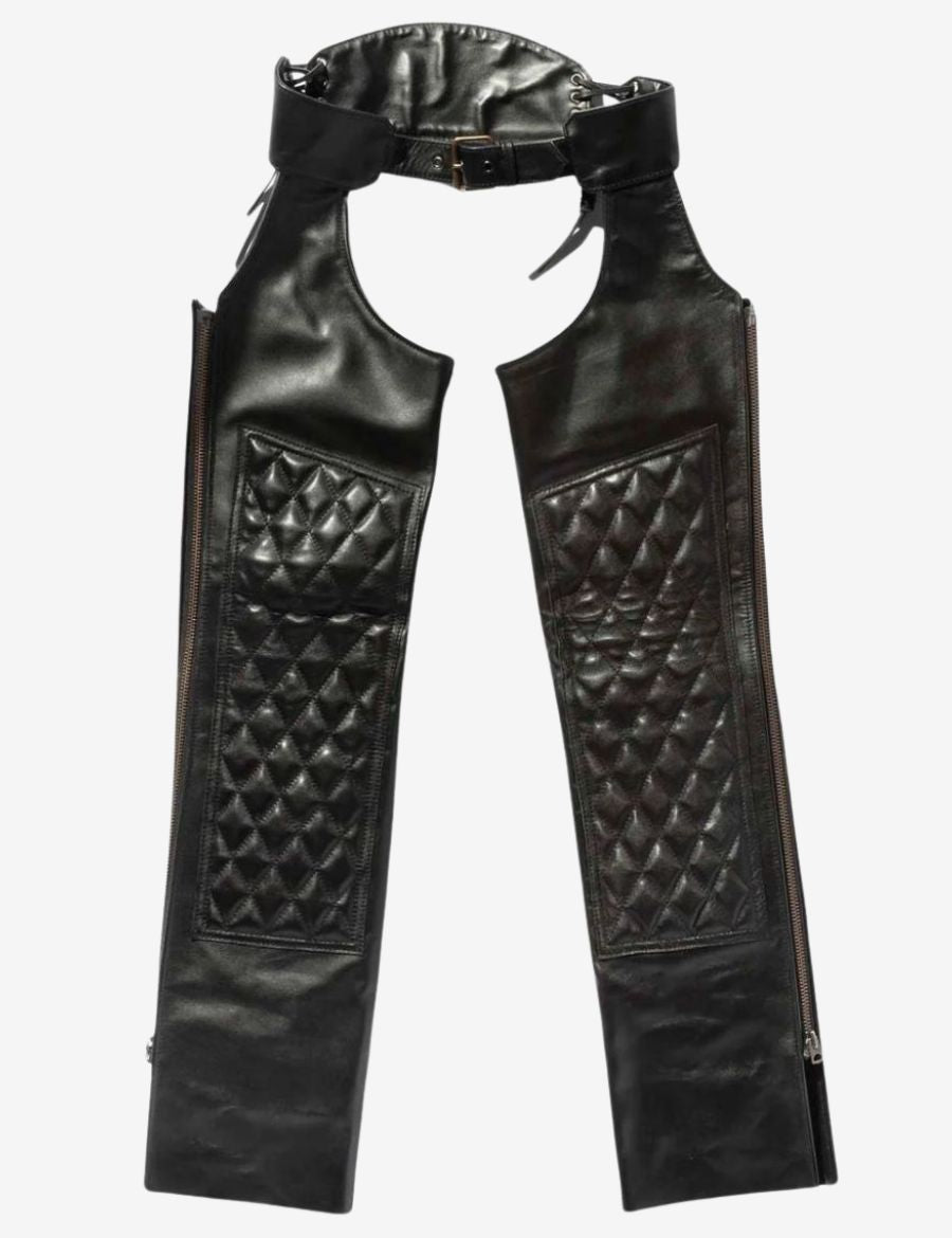 Back view of quilted black leather assless chaps with adjustable rear straps and biker style construction.
