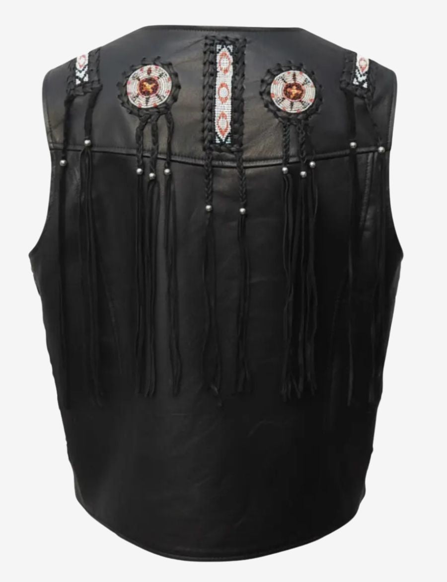 Back view of mens black leather western vest showcasing traditional western-inspired beadwork, braided detailing, fringe accents, and premium leather construction.