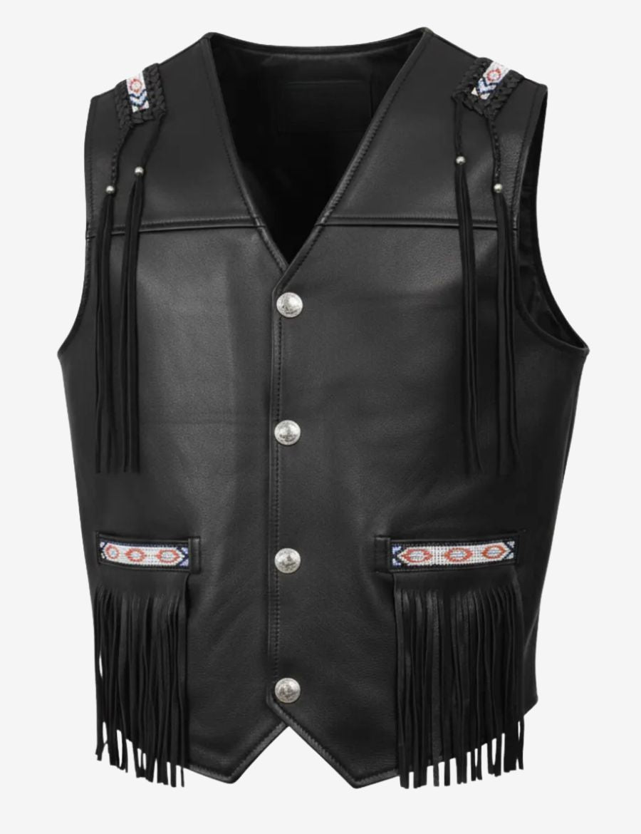 Front view of mens black leather western vest featuring fringe accents, decorative beadwork, snap-button closure, and authentic western craftsmanship.