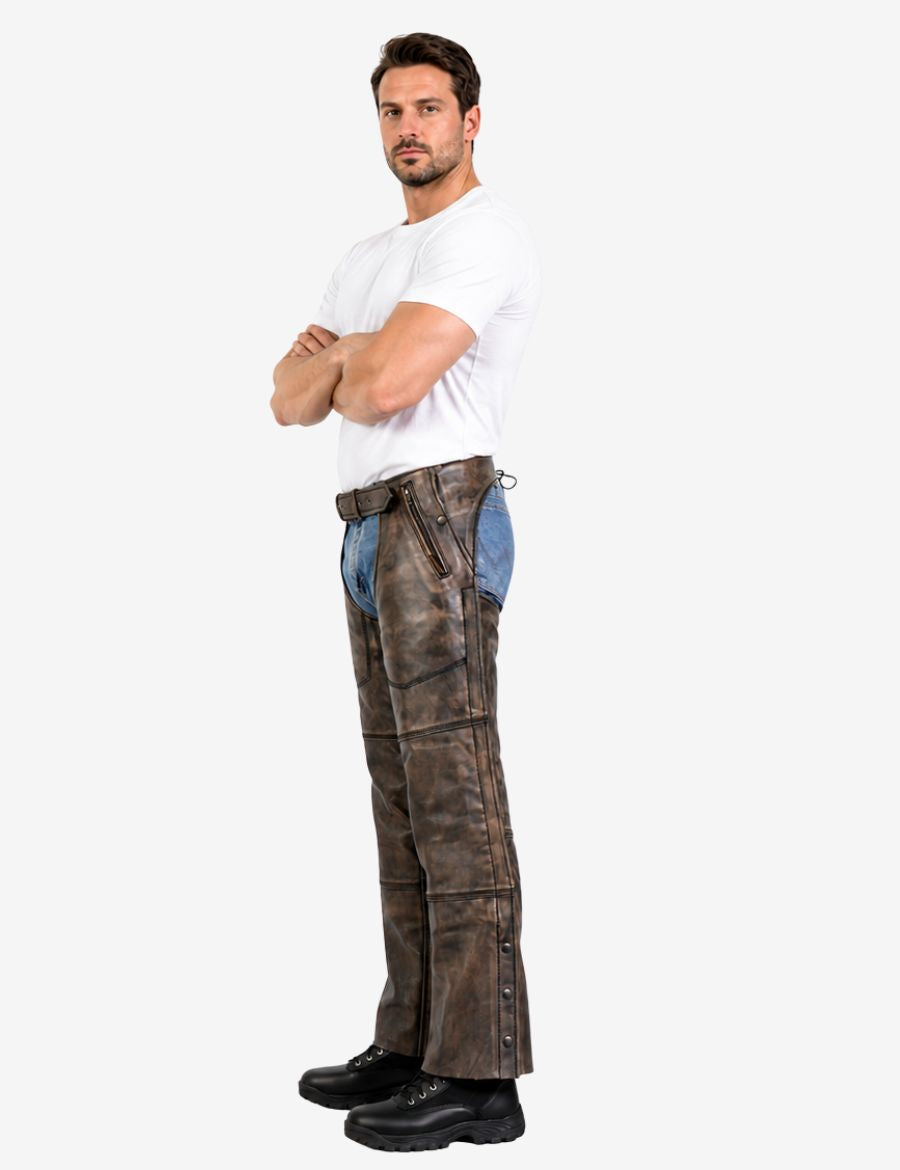 Male model in brown distressed leather assless chaps with side snaps, zip pocket, and biker riding style.
