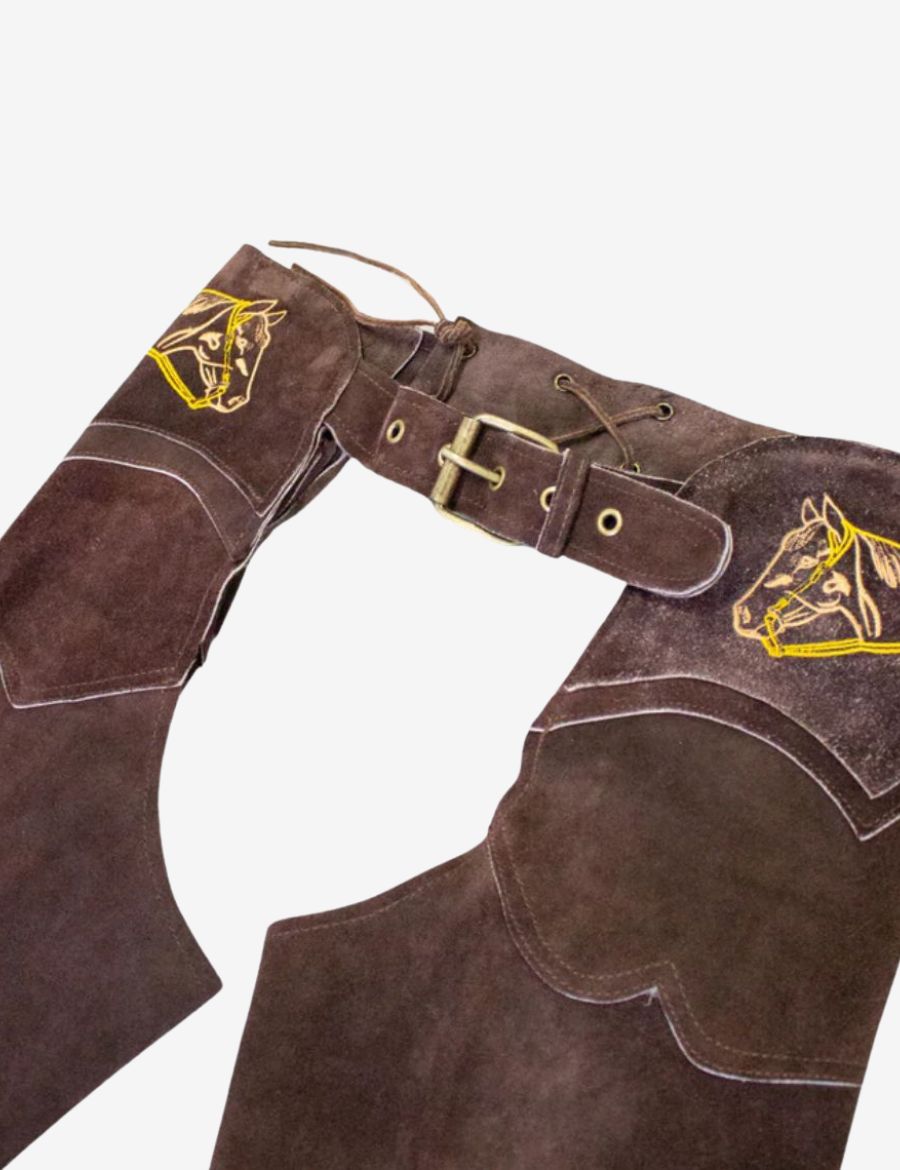 Detailed waist buckle view of embroidered brown western fringe chaps with decorative horse stitching.