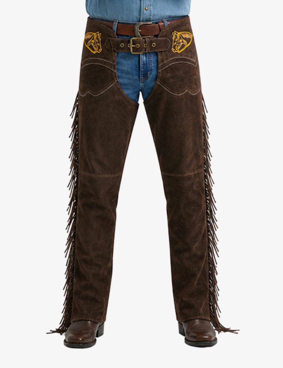 Close-up front view of brown suede western chaps featuring horse embroidery and fringe accents.