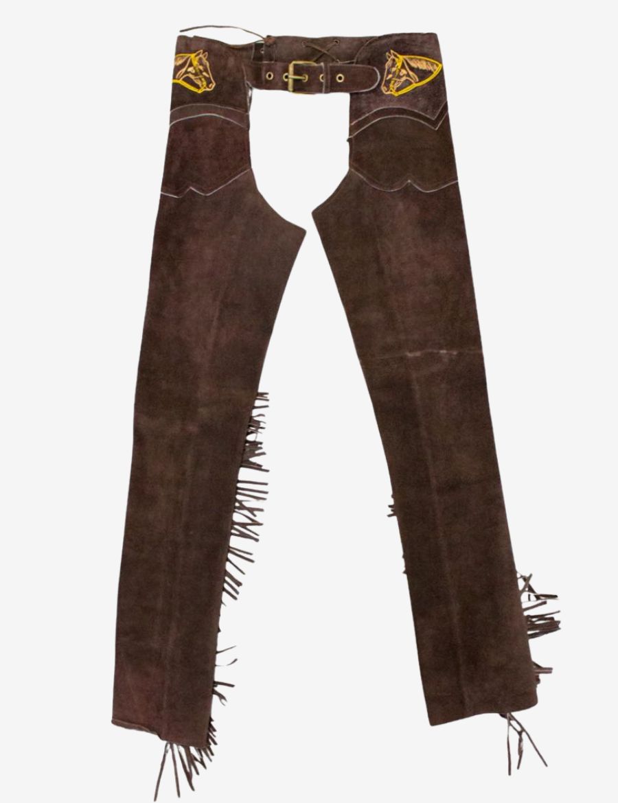 Flat lay view of mens brown suede fringe chaps with embroidered horse design and adjustable waist belt.
