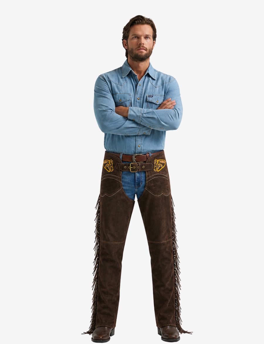 Front view of mens embroidered brown suede chaps with western fringe and horse embroidery detailing.