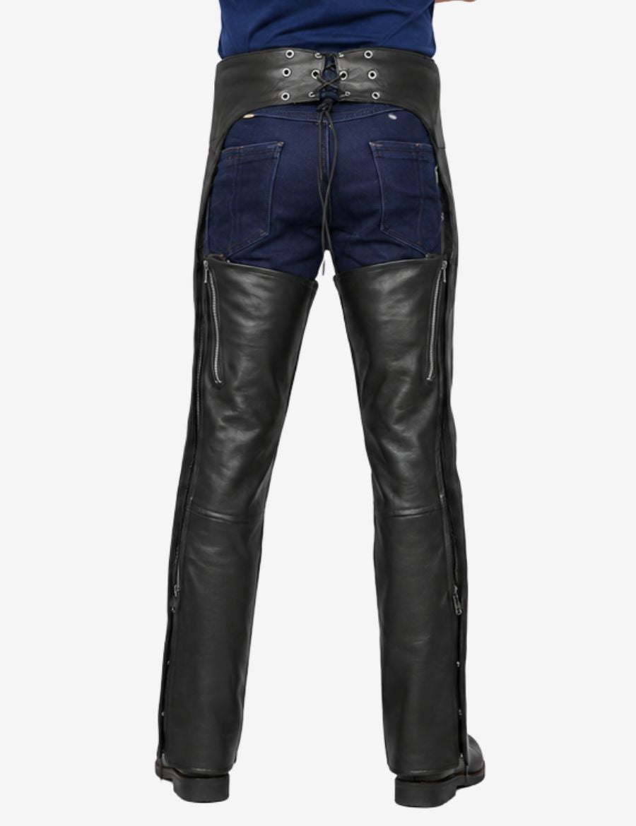 Back view of fitted black leather assless biker chaps featuring rear lace adjustment and zippered legs.