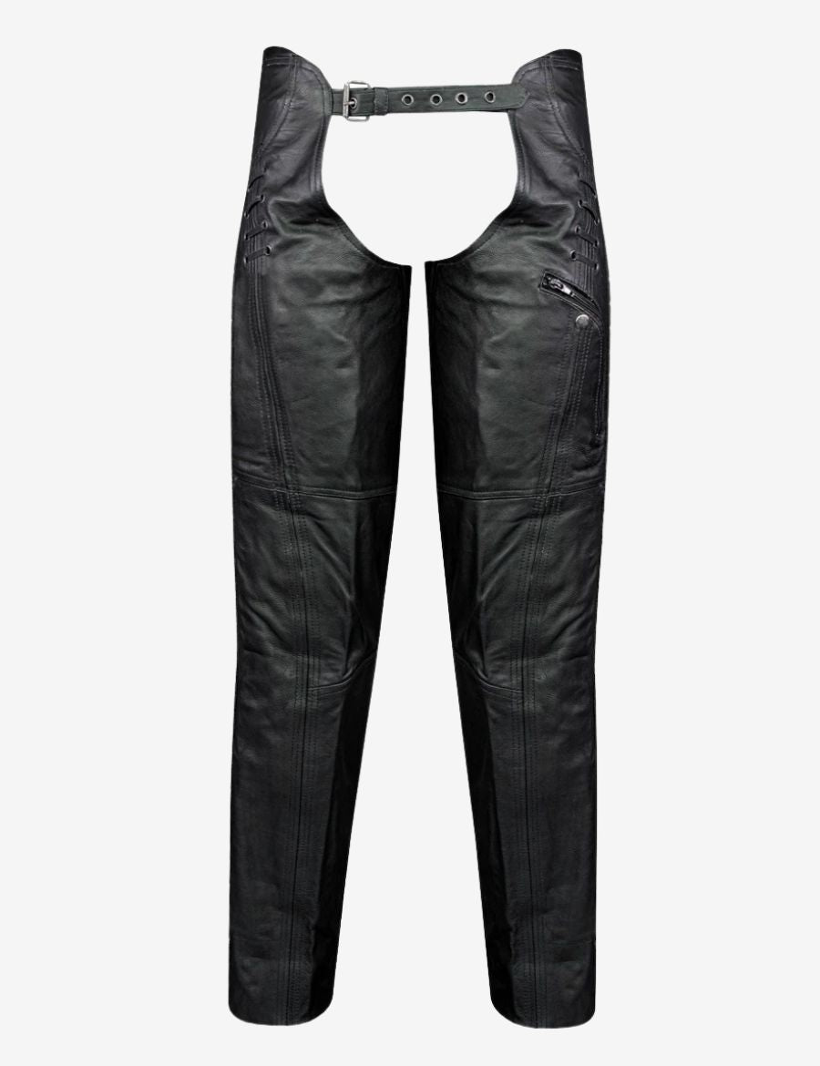 Front flat view of black leather assless chaps featuring side lace details and biker style leg construction.