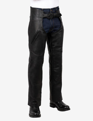 Angled front view of matte black biker chaps for men with zipper pocket detailing and premium leather construction.