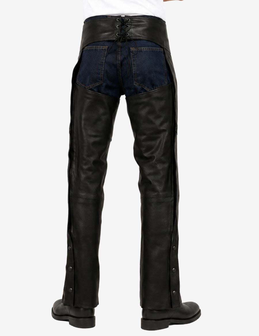 Rear angled view of matte black leather motorcycle chaps with side snap closures and comfortable riding fit.