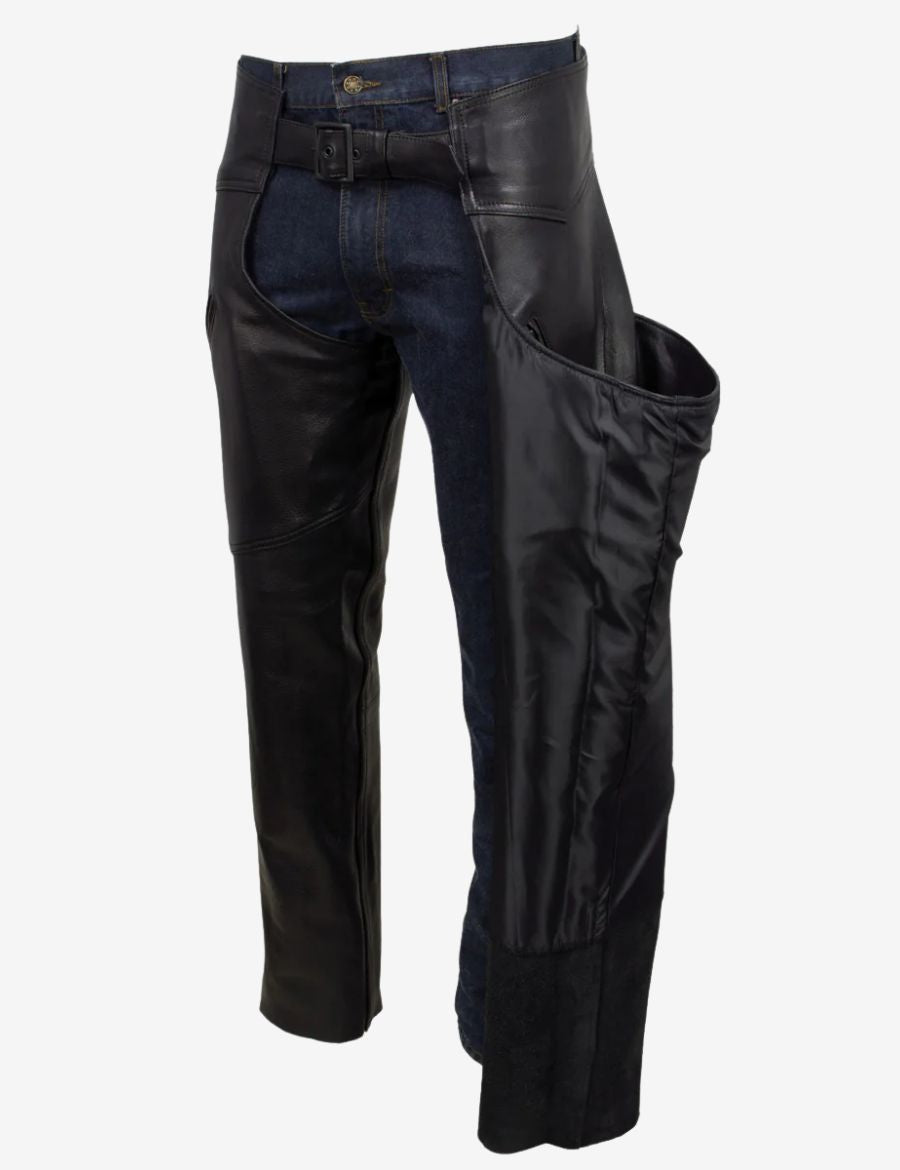 Interior view of men’s matte black leather motorcycle chaps showing soft lining and durable inner construction.