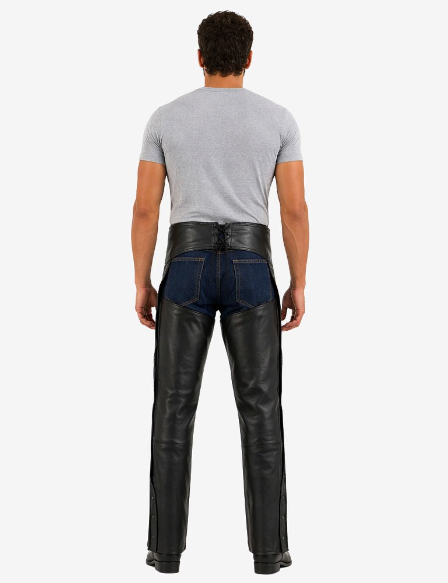 Back view of men’s matte black motorcycle chaps featuring lace-up rear waistband and durable leather leg panels.