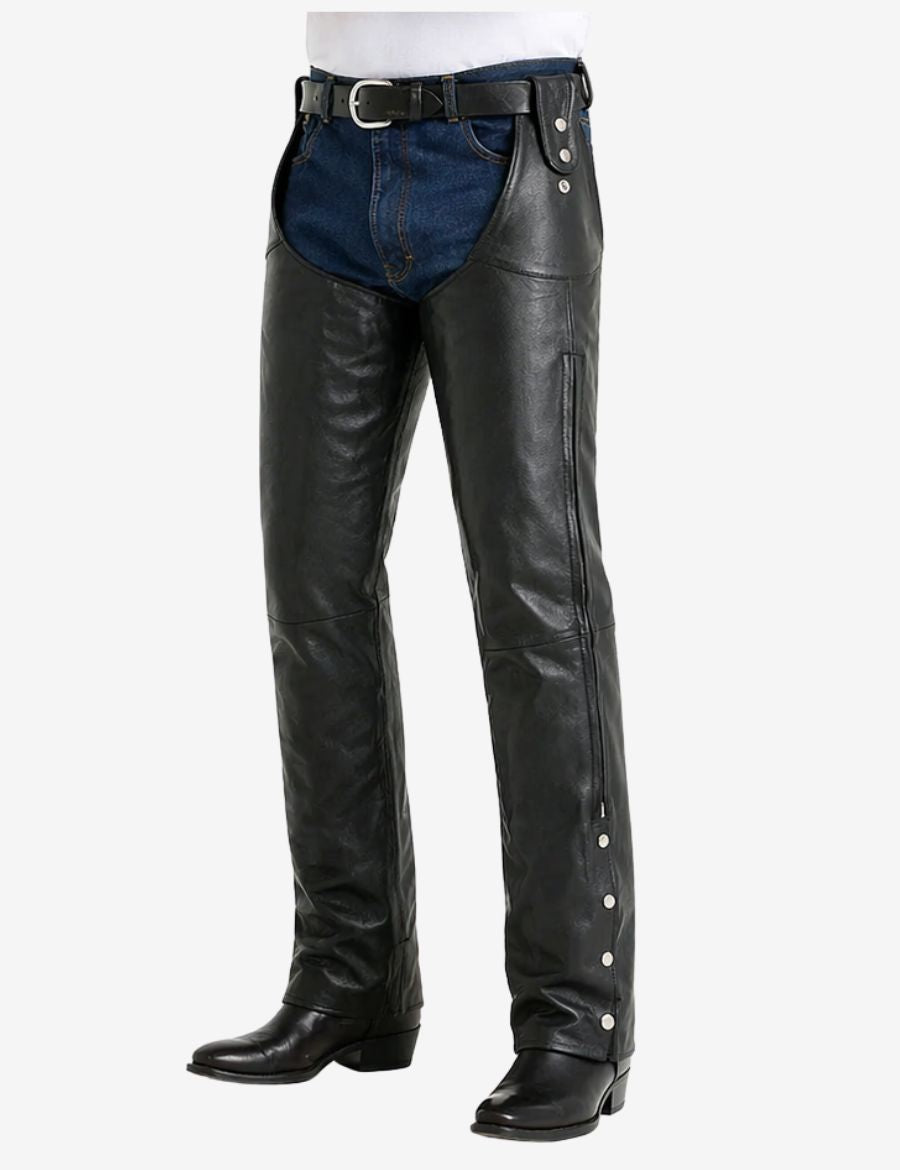 Angled front view of mens motorcycle chaps with detachable belt and side zipper closure for biker riding comfort.