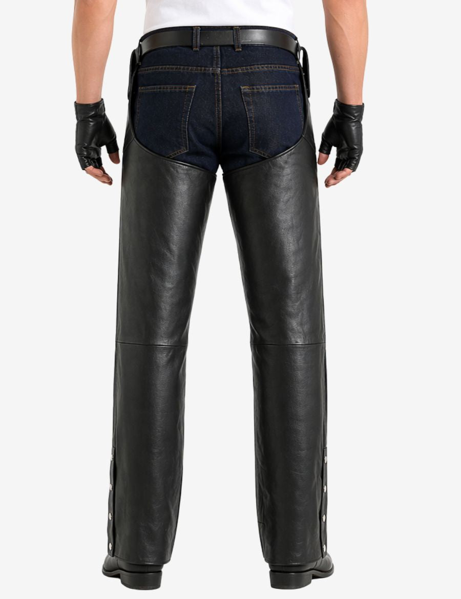 Close rear view of mens motorcycle chaps with detachable belt highlighting smooth leather finish and biker styling.