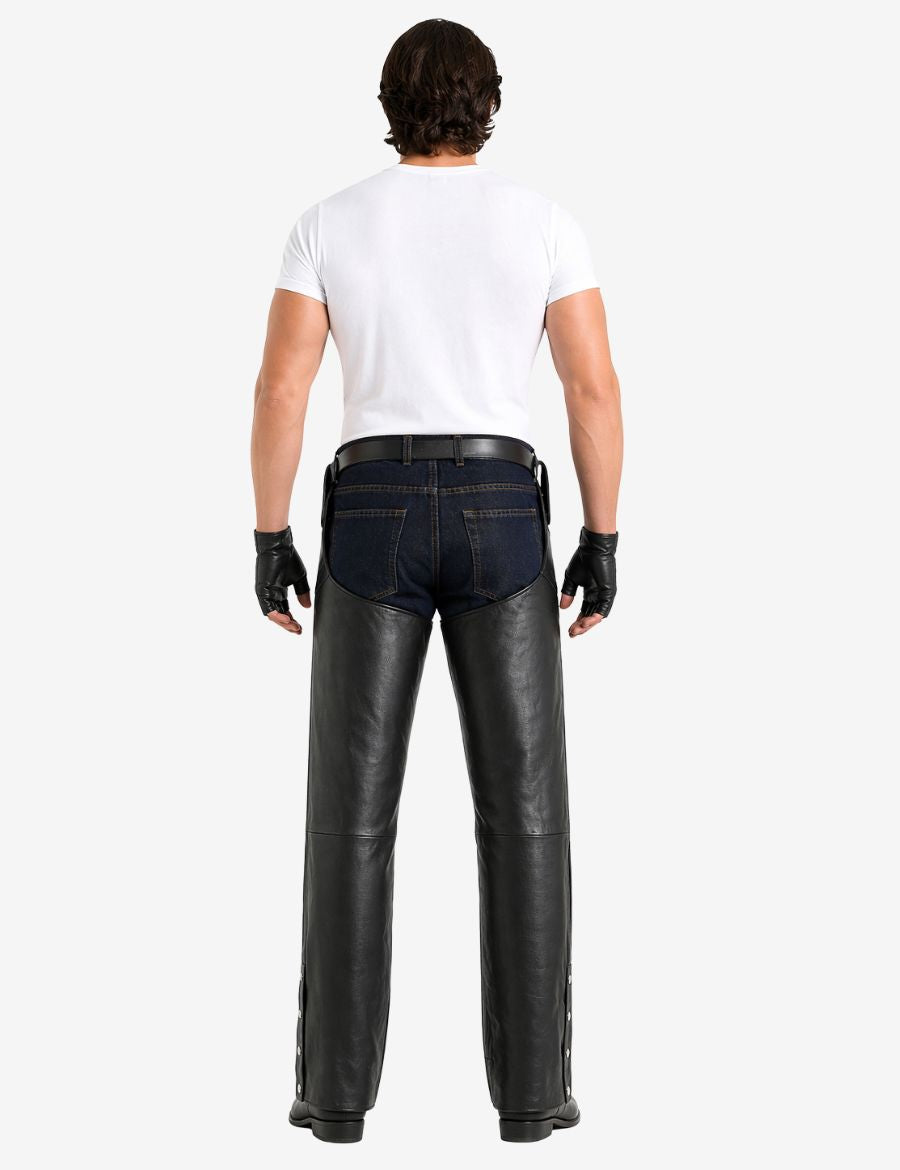 Back view of mens motorcycle chaps with detachable belt showing open-back biker design and straight leather legs.