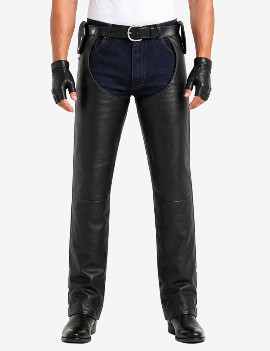 Front view of mens motorcycle chaps with detachable belt featuring classic black leather and adjustable waist belt.