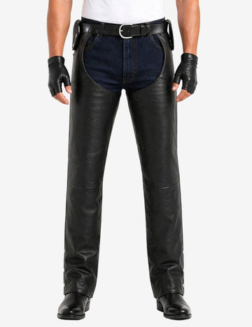 Front view of mens motorcycle chaps with detachable belt featuring classic black leather and adjustable waist belt.