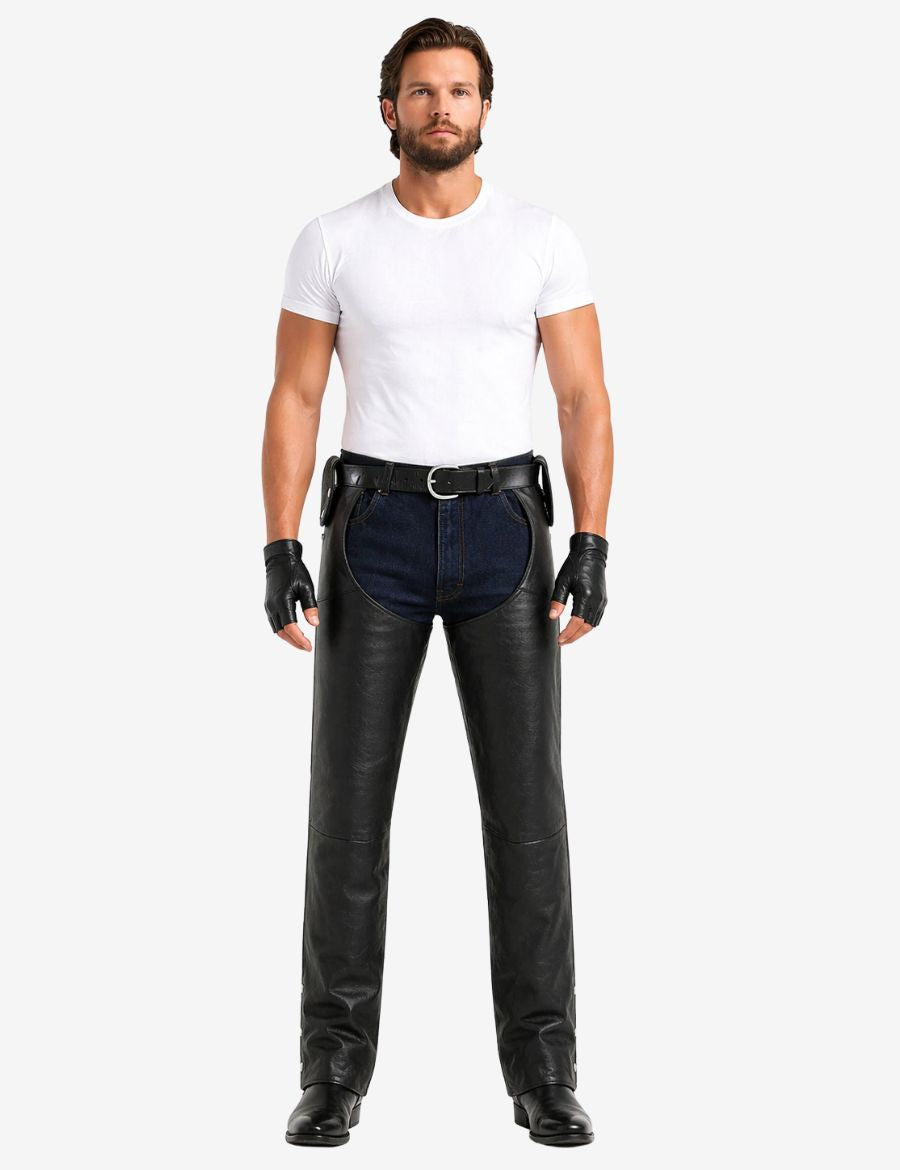 Front view of mens motorcycle chaps with detachable belt featuring classic black leather and adjustable waist belt.