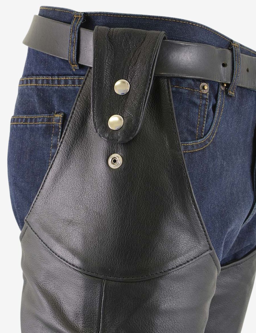 Close-up view of mens motorcycle chaps with detachable belt featuring leather pocket flap and snap-button detail.